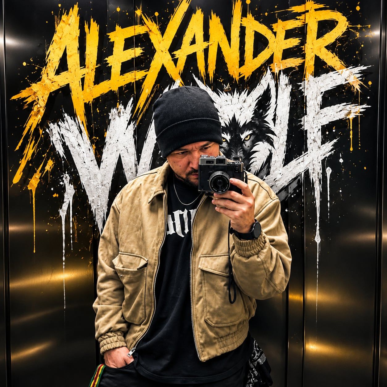 Alexander Wolf con una cámara de fotos delante de su logo de grafiti amarillo y blanco