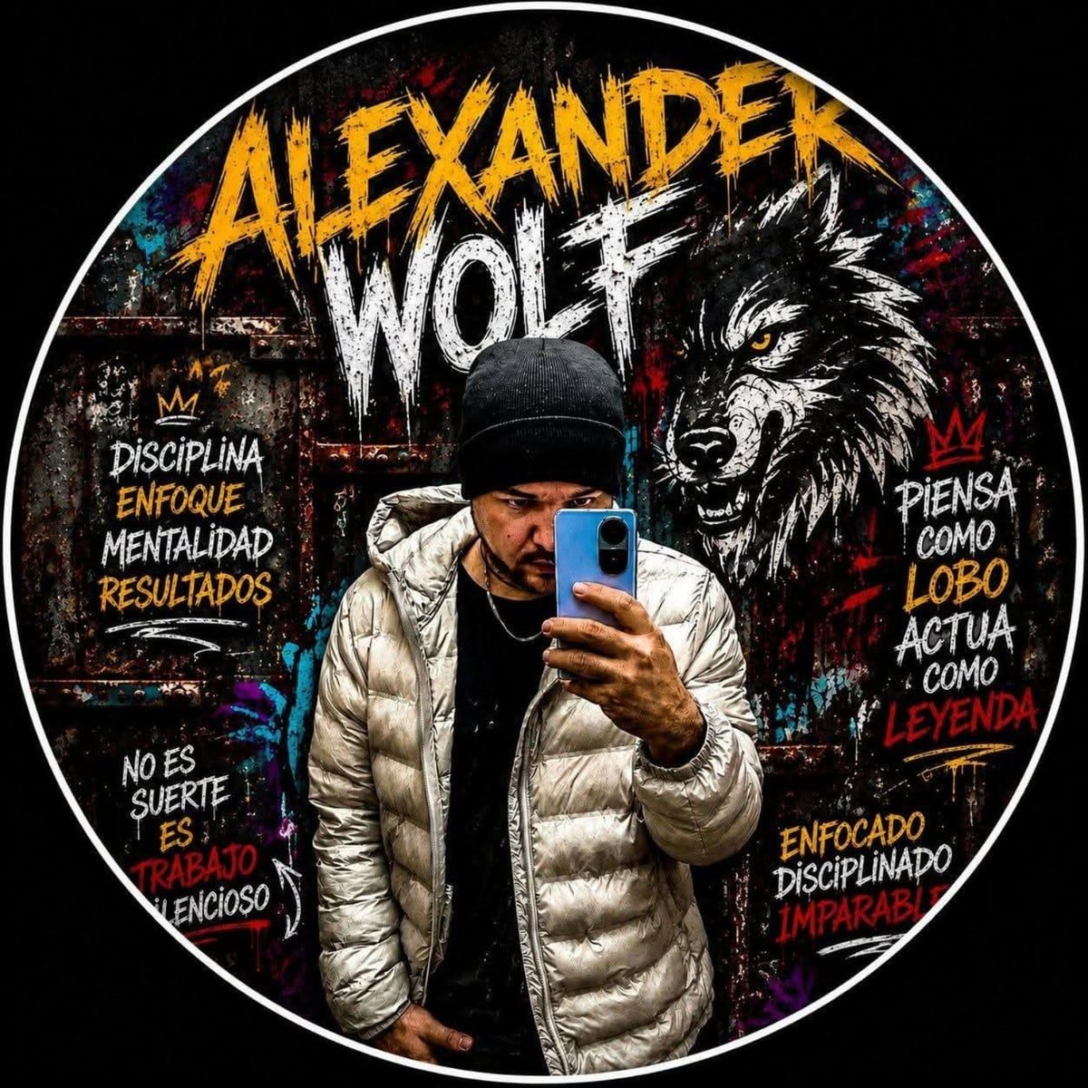 Retrato de Alexander Wolf con su logo y los lemas «Piensa como lobo, actúa como leyenda» y «No es suerte, es trabajo silencioso»